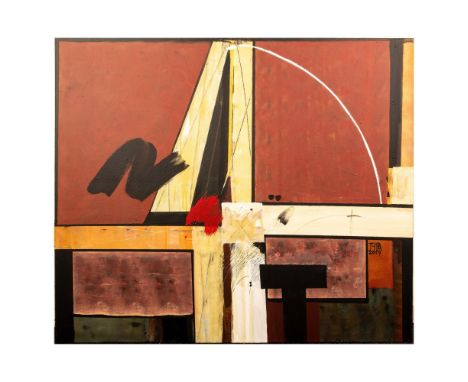 Large original oil on canvas by Teppa. This abstracted artwork is made of linear and painterly fields delineated by brushes a