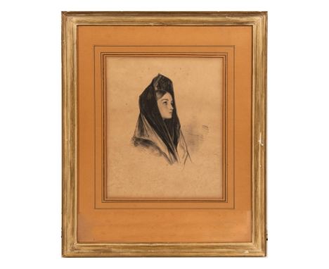 Original hand colored lithograph of a Sevilla young woman wearing a mantilla made by English Orientalist painter John Frederi
