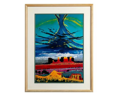 Evening Skies, Two Yei is an original color lithograph on paper by Navajo artist Baje Whitethorne. He depicts swirls of air i