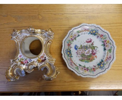 A 19thC Hicks &amp; Meigh floral decorated plate together with a floral painted porcelain clock case - cracked.