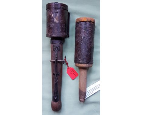 Two stick grenades; German - 1915 with later wooden handle &amp; French WWI 'Grenade Contre Fil Barbele'. (2)