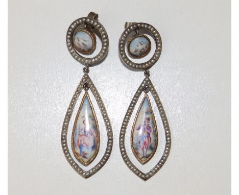 A pair of French enamel &amp; seed pearl set drop earrings, each consisiting of two hoops, the lower of pendeloque shape,  2.