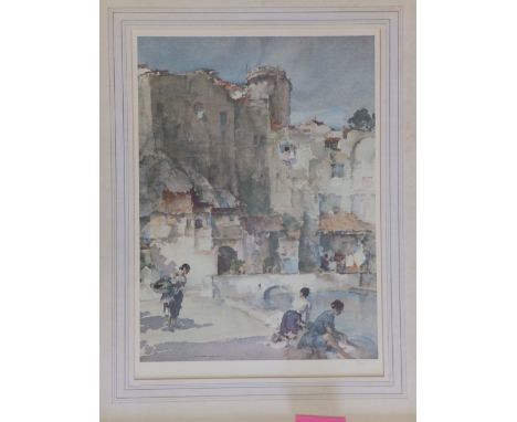 A signed Russell Flint colour print - Peasant girls in a Mediterranean town - 109/850, 19.5" x 14".