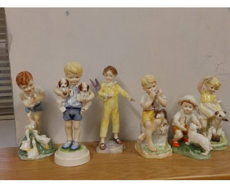 A Royal Worcester Doughty figure - 'Young Farmer' and five other Worcester figures of children with animals - wing of parakee