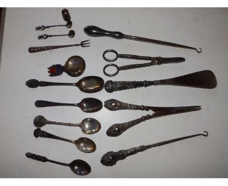 A Chester silver thimble - James Walker 1904, a pair of silver handled glove stretchers, silver spoons etc.
