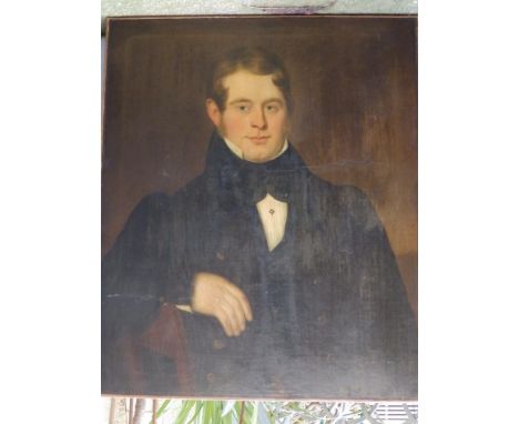 Victorian School - unframed oil on canvas - Portrait of a gentleman in white cravat, 30.5" x 25" - re-lined.