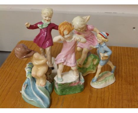 Two Royal Worcester Doughty figures of children - 'March' &amp; 'August' and three others. (5)