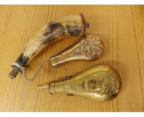 A brass powder flask decorated with the 'US' Eagle, a copper flask and a powder horn. (3)