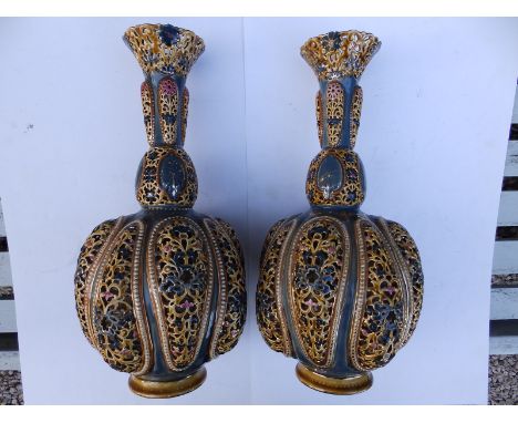 A pair of Zsolnay reticulated vases , 15" high - restored rims.