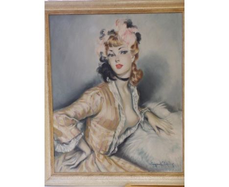 Eugene ? - 20thC oil on canvas - Portrait of a young flirtatious woman, indistinctly signed, 25" x 21".