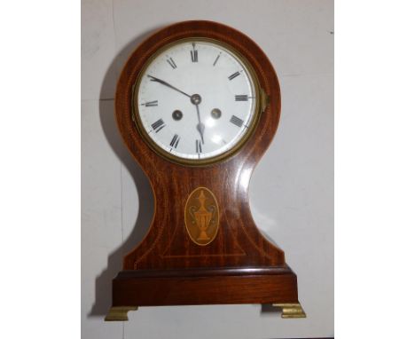 A balloon cased French inlaid mahogany mantel clock with convex white enamel dial - EP&amp; Co., 11" high.