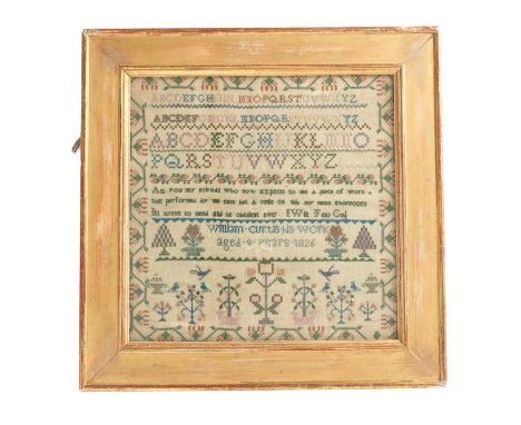 A RARE GEORGE IV NEEDLEWORK SAMPLER BY A BOY BY WILLIAM CURTIS, DATED '1826'worked in colours with alphabets above a rhyme, t