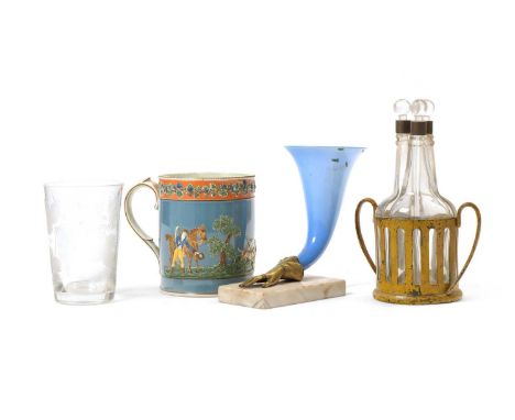 A TOLE PEINTE CRUET SETLATE 19TH CENTURYwith three glass bottles and stoppers, together with a pearlware tankard, an engraved