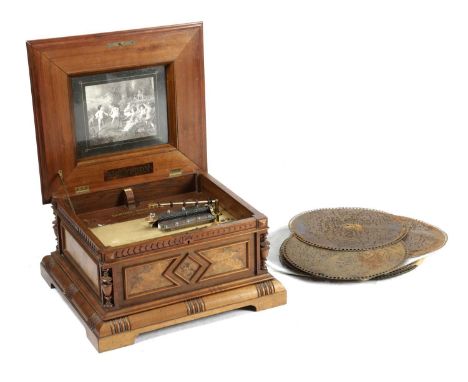 A GERMAN WALNUT POLYPHON MUSIC BOXRETAILED BY SAMUEL HOWARD, MANCHESTER, C.1870-80numbered '23604', the interior with a litho