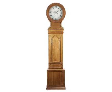 A SCOTTISH GOTHIC OAK LONGCASE CLOCKEARLY 19TH CENTURYthe brass eight day movement with four knopped pillars, an anchor escap