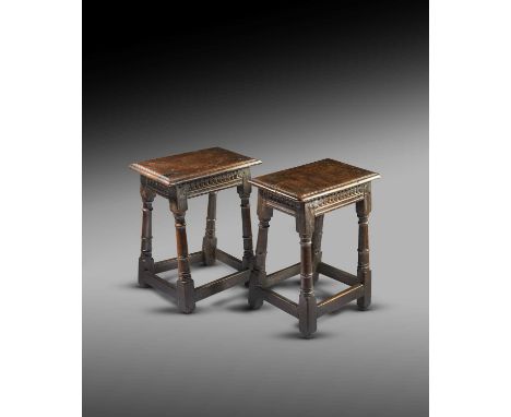 A RARE PAIR OF JAMES I OAK JOINT STOOLSSALISBURY, IN THE MANNER OF THE BECKHAM FAMILY WORKSHOP, C.1620each with a seat with d