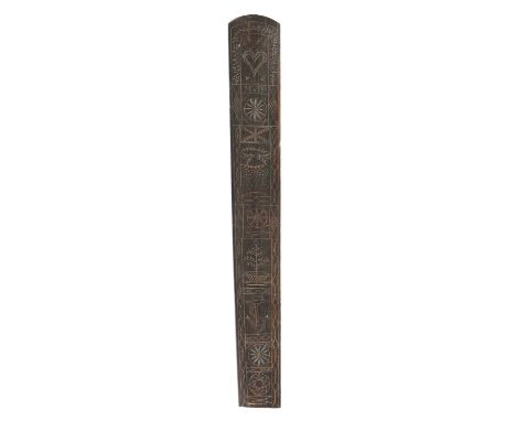 A GEORGE III BALEEN SAILOR'S SCRIMSHAW STAY BUSKLATE 18TH CENTURYcarved with a heart and arrows, the initials 'MH', the Union