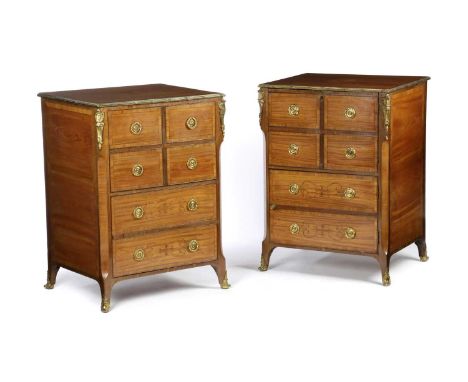 A PAIR OF SATINWOOD AND MARQUETRY BEDSIDE CABINETSIN GEORGE III STYLE, 19TH CENTURYinlaid with Neo-classical scrolling foliat