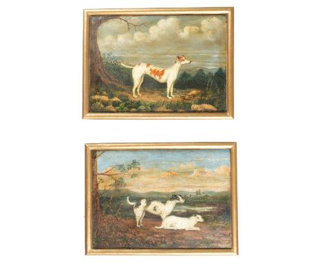 A PAIR OF NAIVE PAINTINGS OF DOGSOIL ON PANEL, 19TH CENTURYdepicting hunting dogs in countryside settings, in gilt frames (2)