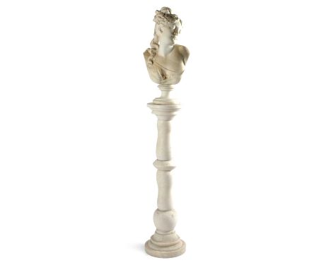 AN ART NOUVEAU ALABASTER PORTRAIT BUST OF A LADYEARLY 20TH CENTURYon a turned socle and with an alabaster column (2)63.4 high