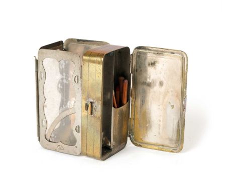 A SMALL FRENCH BRASS AND LEATHER FOLDING TRAVELLING OR POCKET LANTERNEARLY 19TH CENTURYthe front cover with an embossed leath