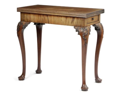 A GEORGE II MAHOGANY CARD TABLEC.1755-60the rectangular hinged top revealing a later leather lined playing surface with a mou