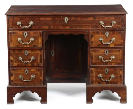 A MAHOGANY KNEEHOLE DESKIN GEORGE II STYLE, MID-19TH CENTURYinlaid with boxwood stringing and goncalo alves banding with an a