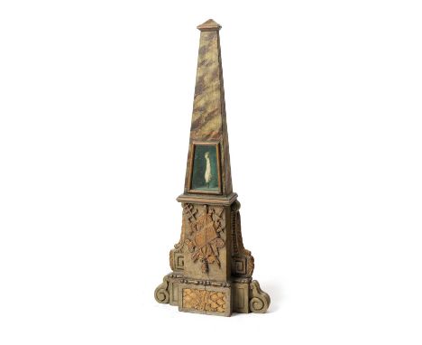 AN ITALIAN PAINTED PINE FAUX MARBLE RELIQUARYPROBABLY VENETIAN, LATE 18TH CENTURYof obelisk form, with a central mounted bone