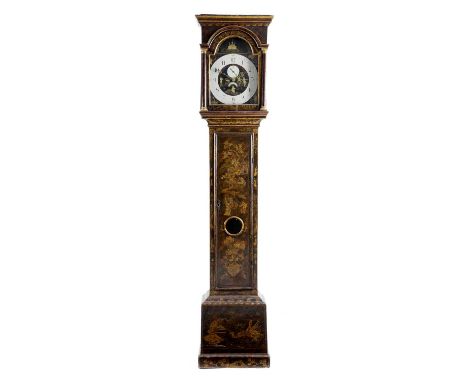 A GEORGE III JAPANNED LONGCASE CLOCKMID-18TH CENTURYthe brass eight day movement with four knopped pillars, anchor escapement