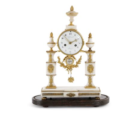A FRENCH DIRECTOIRE MARBLE AND ORMOLU PORTICO CLOCKBY GUY D'AMOUR, PARIS, C.1800the brass eight day movement with an outside 