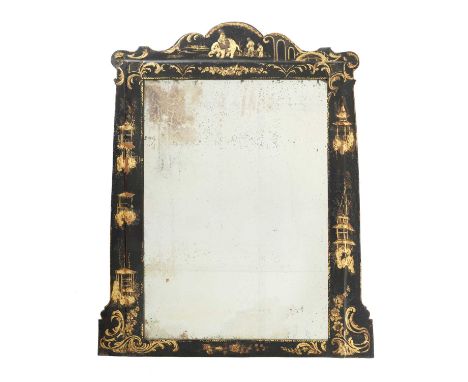 A REGENCY TOLE PEINTE DRESSING TABLE MIRROREARLY 19TH CENTURYthe rectangular plate inside an ebonised and gilt frame chinoise