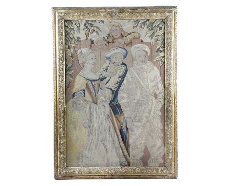 A FRENCH AUBUSSON TAPESTRY PANELMID-18TH CENTURYworked with four figures possibly commedia dell'arte, in a carved giltwood fr