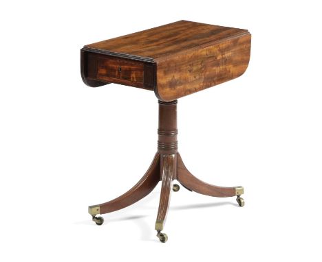 A SMALL GEORGE IV MAHOGANY PEDESTAL PEMBROKE TABLEC.1820the top with a reeded edge above a frieze drawer, on a ring turned st