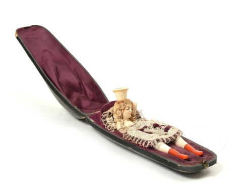 AN AUSTRIAN EROTIC MEERSCHAUM PIPE AND CHEROOT HOLDERLATE 19TH CENTURYmodelled as a lady reclining with her left arm behind h