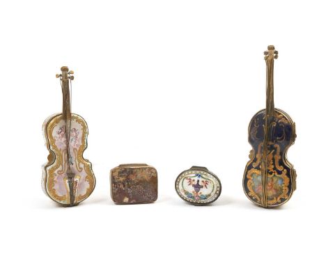 AN AUSTRIAN ENAMEL SNUFF BOXLATE 19TH CENTURYin the form of a violin or cello, with painted and gilded decoration, another si