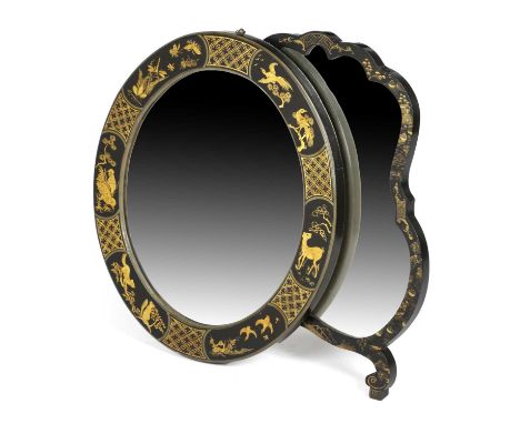 A BLACK JAPANNED OVAL WALL MIRRORIN REGENCY STYLE, 20TH CENTURYwith a bevelled oval plate, the frame decorated in gilt with c