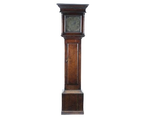 AN OAK LONGCASE CLOCKBY JOSEPH WILLS, SOUTH MOLTON, 18TH CENTURYthe brass thirty hour movement with four knopped pillars, an 
