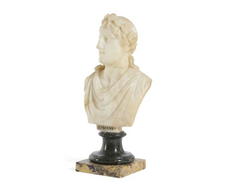 AN ITALIAN ALABASTER GRAND TOUR PORTRAIT BUST OF GERMANICUS18TH CENTURYcarved wearing a laurel crown and a toga, above the ti