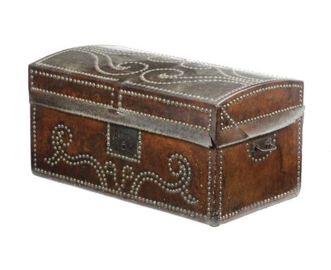 A LEATHER TRUNK LATE 18TH / EARLY 19TH CENTURY with brass studded decoration40.7cm high, 78cm wide, 43.8cm deep