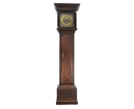 A NOTTINGHAMSHIRE OAK LONGCASE CLOCKBY JOHN GLAZEBROOK, MANSFIELDthe brass movement with four knopped pillars, anchor escapem