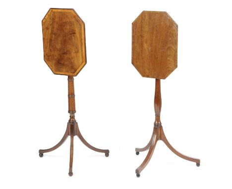 TWO SIMILAR REGENCY MAHOGANY TRIPOD OCCASIONAL TABLESEARLY 19TH CENTURYeach with a rectangular canted tilt-top, one with sati