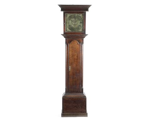 A DERBYSHIRE OAK LONGCASE CLOCKBY JAMES ASHTON, TIDESWELLthe brass eight day movement with four knopped pillars, anchor escap