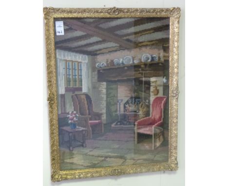 Framed tapestry, parlour scene 