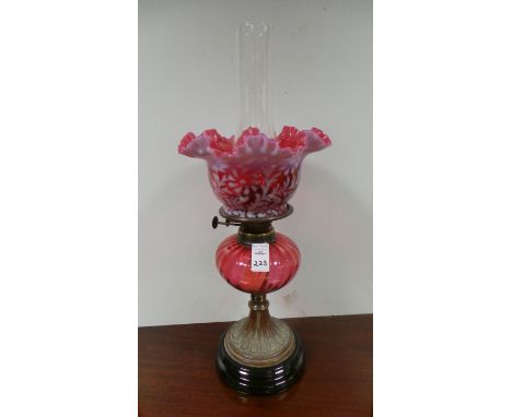 Victorian cranberry glass oil lamp complete
