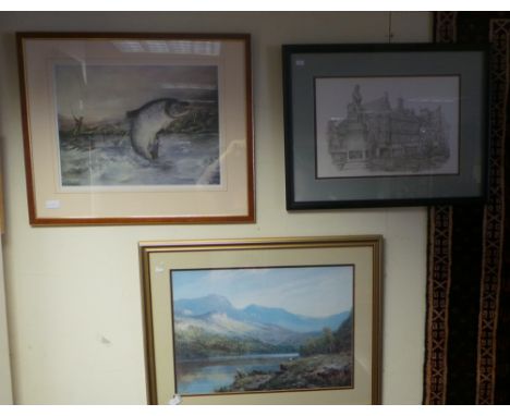 Lot of 3x Framed print, Fish, Mountain Lake Scene, and Town Statue 