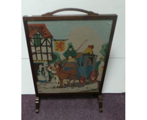 Tapestry framed fire screen, horse and carriage scene