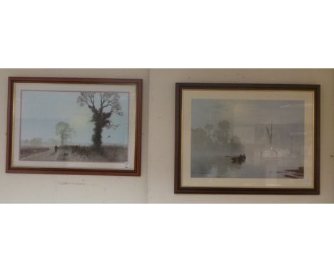 Lot of 2x framed Coulson print, landscape and silhouette, and boat scene