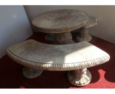 Concrete round garden table and two curved benches