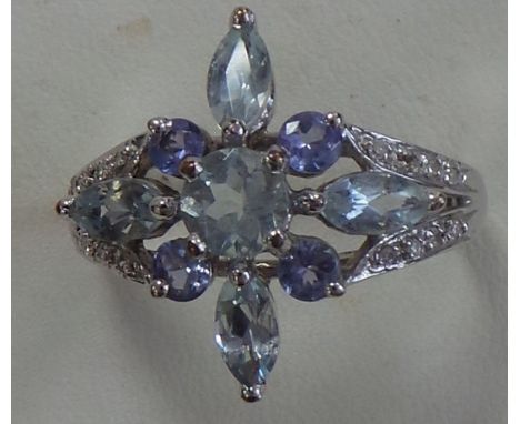 9ct diamond, tanzanite aquamarine ring