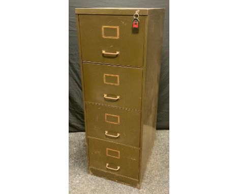 A Vintage green painted metal four drawer filing cabinet, 132cm high, 45cm  wide, 61.56cm deep 